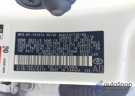 2019 Toyota Corolla Le from USA, damaged, VIN 2T1BURHE1KC189736